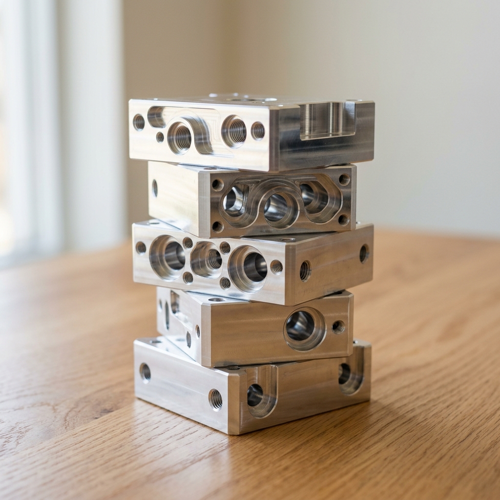 Highly polished, precision-machined aluminum block parts stacked on a clean wooden table.
