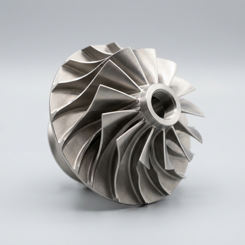 A high-quality close-up of a metallic finished aircraft engine impeller part, showing precision-machined vanes.