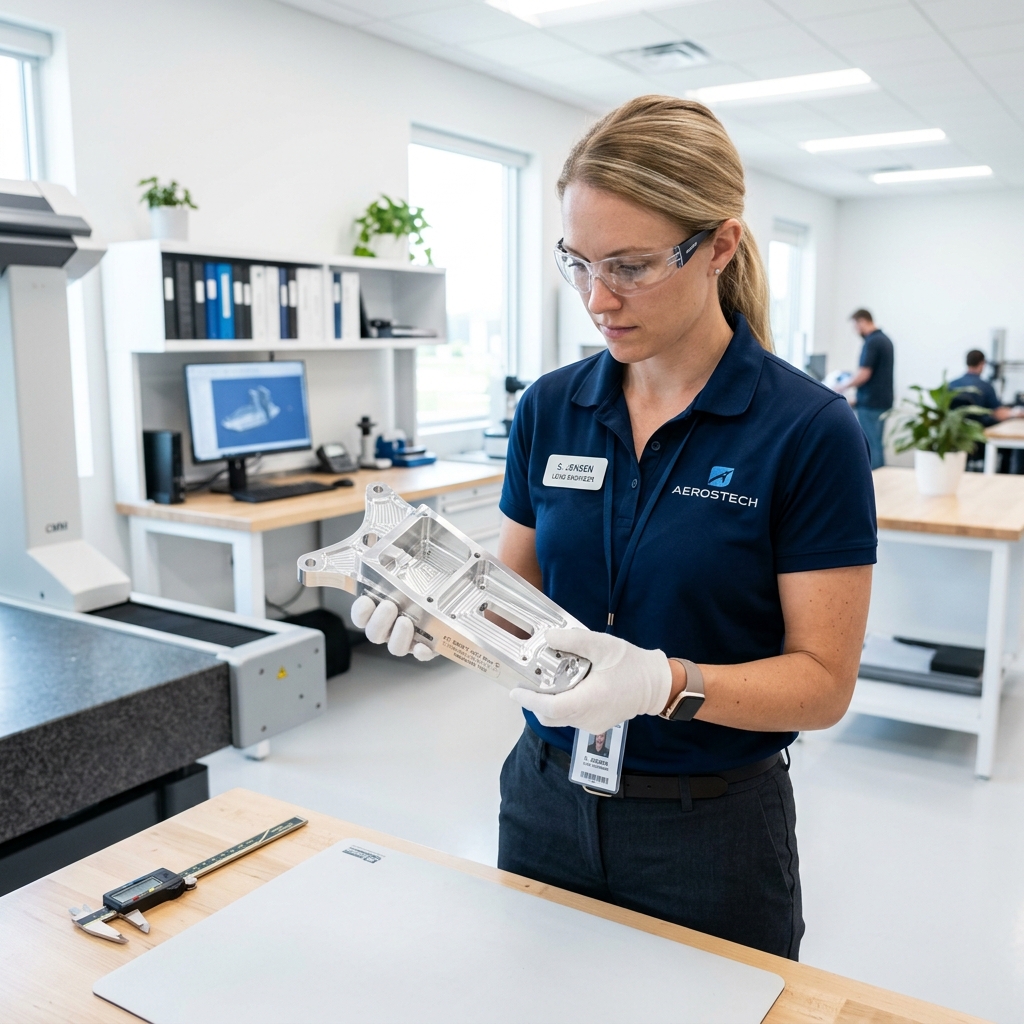 A professional engineer inspecting a machined bracket in a clean inspection laboratory.