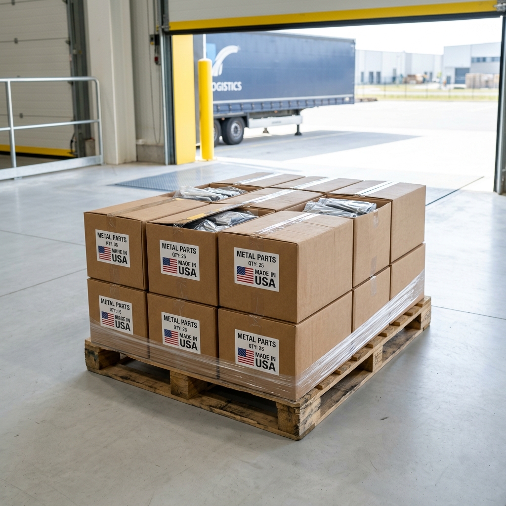 A close-up of a wooden pallet with neat cardboard boxes containing precision metal parts at a shipping dock.