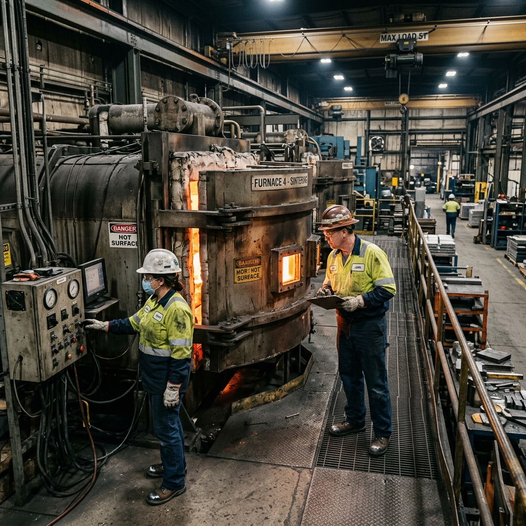 Industrial workers monitoring a large thermal sintering furnace inside a magnet processing facility.