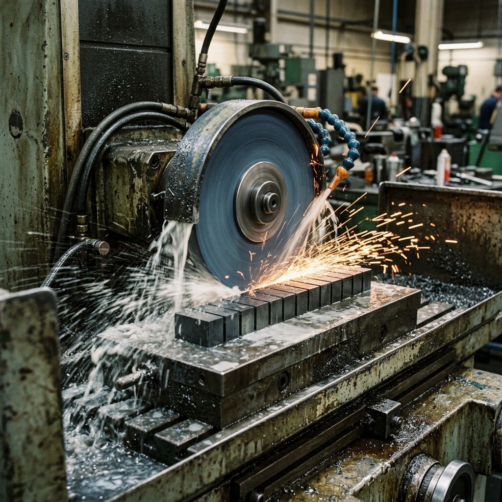 A close-up of a precision grinding machine processing dark metallic magnet blocks under liquid coolant.