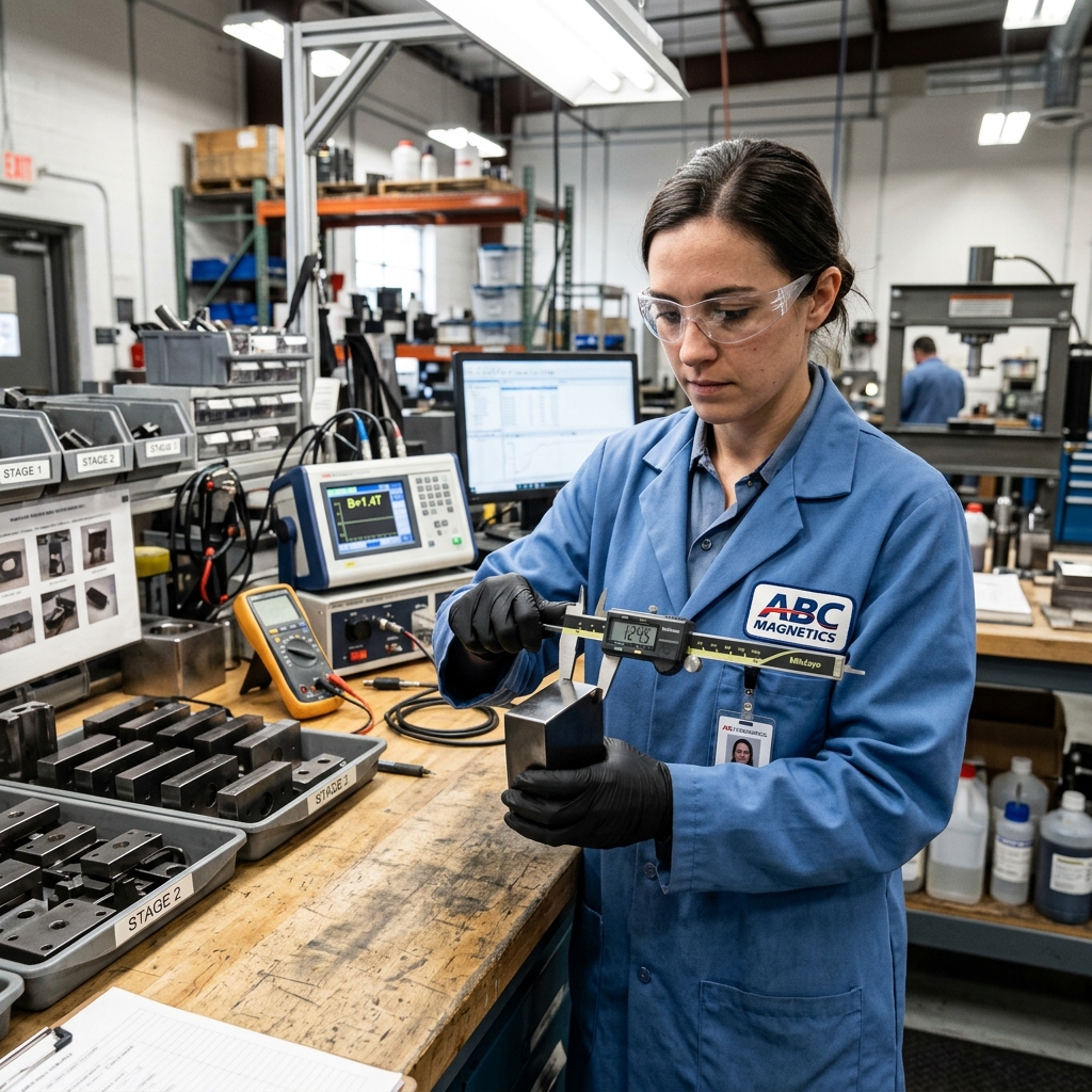 A quality control inspector wearing black gloves measuring a metallic block magnet with a digital caliper.