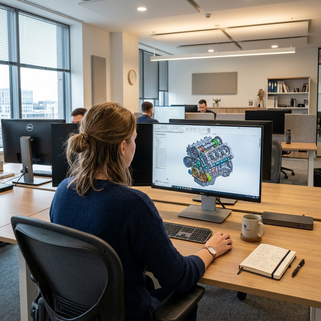 Sleek mechanical engineering workstation showing a highly detailed 3D CAD design of a precision mechanical bracket on a large monitor in a clean office environment