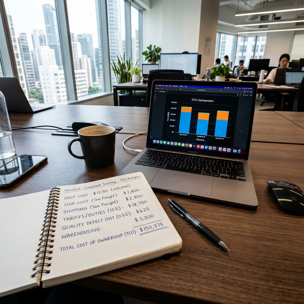 Open notebook showing a detailed comparison of Total Cost of Ownership (TCO) calculations next to a laptop displaying financial charts in a modern office