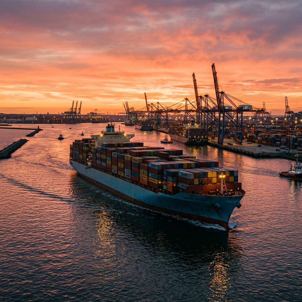 A large container ship loaded with cargo containers entering a busy commercial U.S. shipping port at sunset, illustrating global logistics