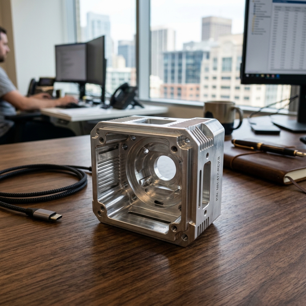 A precision machined aluminum component sitting on a professional wooden office desk in front of a computer monitor, showing domestic manufacturing quality