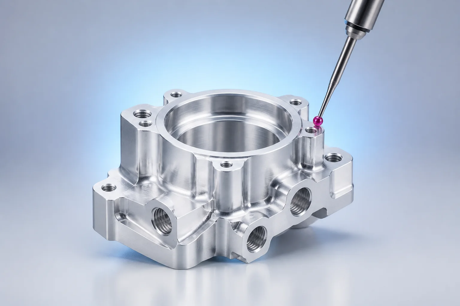 Ruby-tipped CMM probe inspecting a precision machined aluminum component