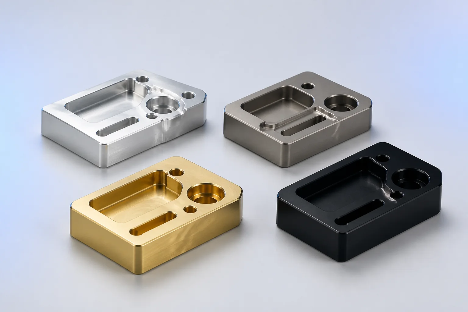 CNC milled samples in aluminum, titanium, brass, and black engineering polymer