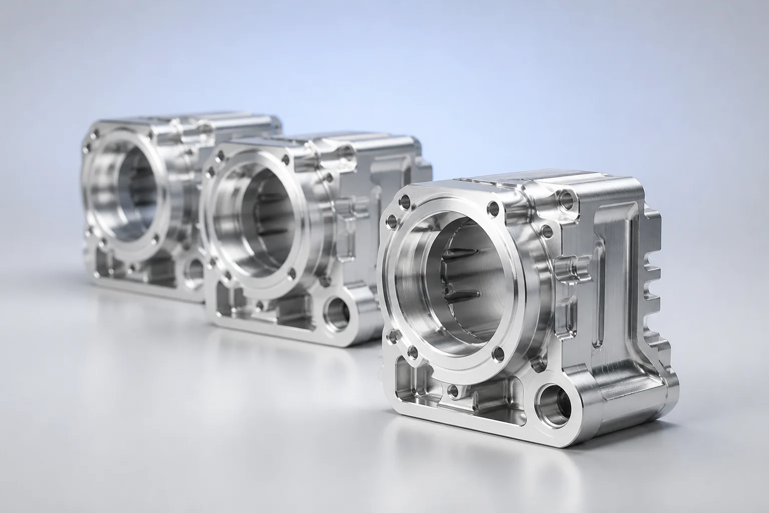 Three identical precision CNC milled aluminum housings representing repeatable fast production